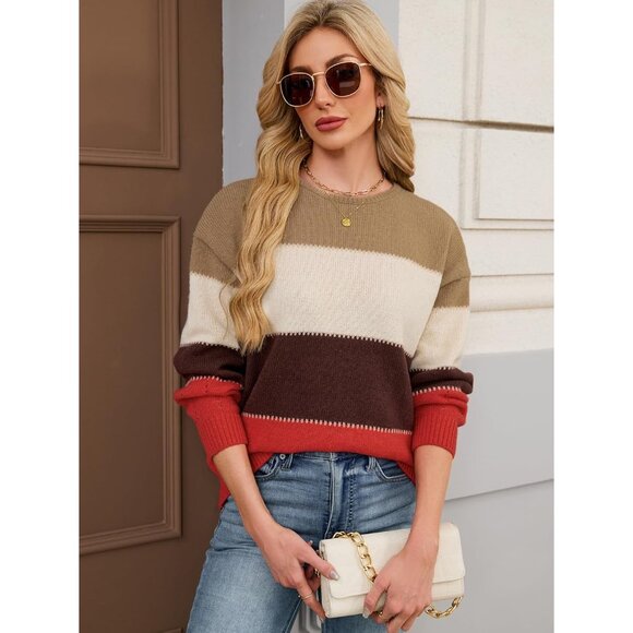 Womens Oversized Color Block Sweater Lightweight Knit Crew Neck Fall Trendy - Picture 6 of 7